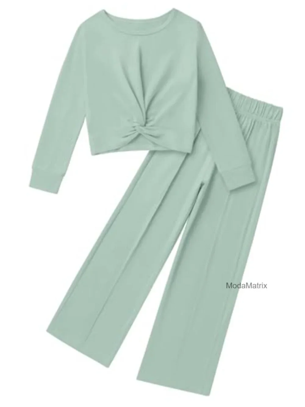 Girls Long Sleeve Twist Crop Top & Wide Leg Pant Set